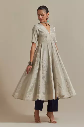 Silver paneled embroidered silver zari anarkali kurta dupatta set