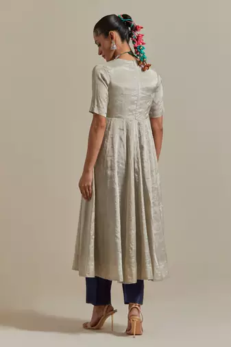 Silver paneled embroidered silver zari anarkali kurta dupatta set