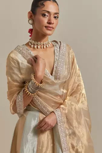 Kalidar Skirt With A Silver And Gold Zari Geometric Pattern All Over.