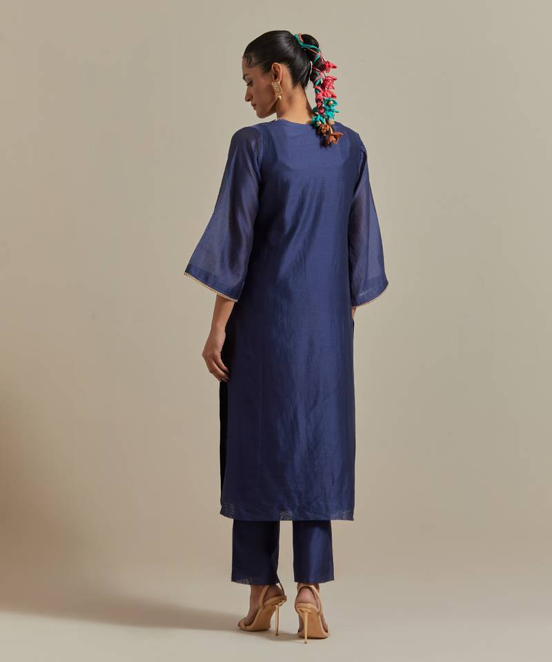 Pink intricate embroidery v neck straight kurta set