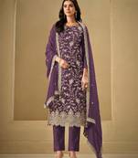 Wine heavy chinon with 3mm mat sequence embroidered thread work unstitched suit