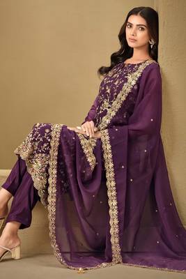 Wine heavy chinon with 3mm mat sequin embroidered thread work suit 2