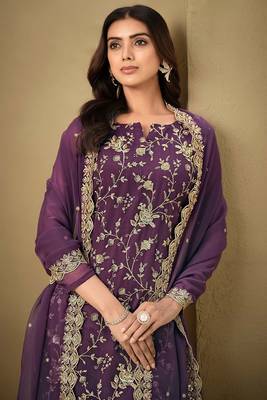 Wine heavy chinon with 3mm mat sequin embroidered thread work suit 3