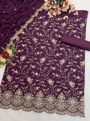 Wine heavy chinon with 3mm mat sequin embroidered thread work suit 4