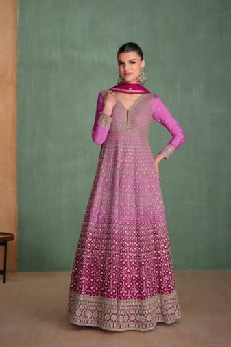 Pink real gerogette sequin embroidered readymade salwar suit (free size)