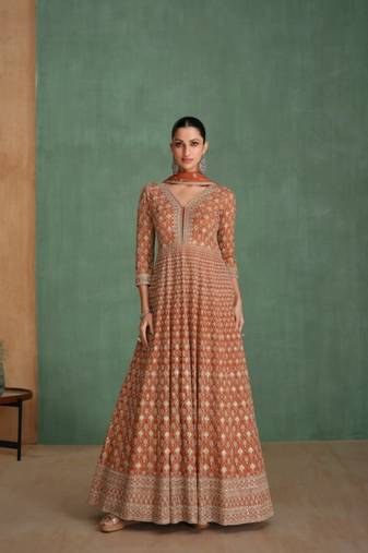 Orange real gerogette sequin embroidered readymade salwar suit (free size)