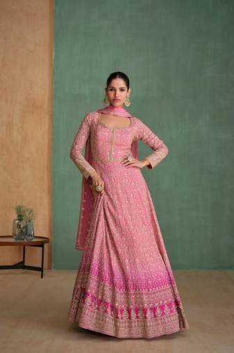 Peach real gerogette sequin embroidered readymade salwar suit (free size)