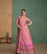 Peach real gerogette sequin embroidered readymade salwar suit (free size)