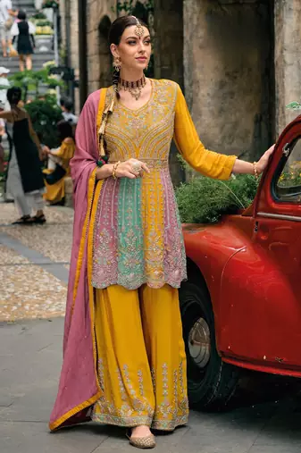 Yellow real gerogette sequin embroidered readymade salwar suit (free size)