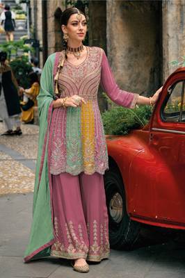 Pink real gerogette sequin embroidered salwar suit (free size) 1