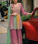 Pink real gerogette sequin embroidered salwar suit (free size)