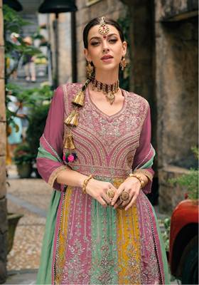 Pink real gerogette sequin embroidered salwar suit (free size) 2