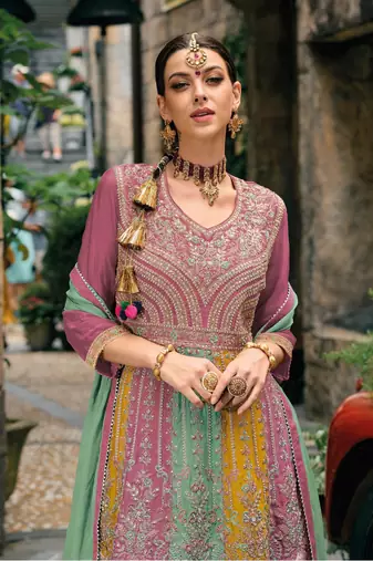 Pink real gerogette sequin embroidered salwar suit (free size)