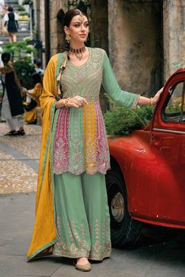 Green real gerogette sequin embroidered salwar suit (free size) 1