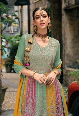 Green real gerogette sequin embroidered salwar suit (free size) 2