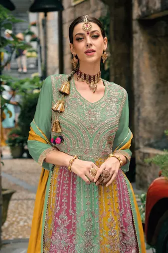 Green real gerogette sequin embroidered salwar suit (free size)