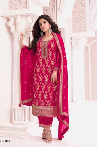 Rani pink dola silk thread sequin embroidered semi-stitched salwar suit