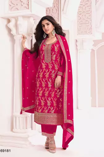 Rani pink dola silk thread sequin embroidered semi-stitched salwar suit