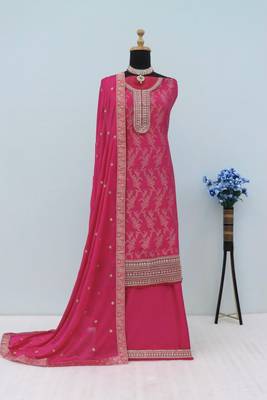 Rani pink dola silk thread sequin embroidered semi-stitched salwar suit 2