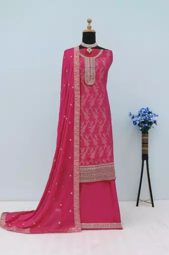 Rani pink dola silk thread sequin embroidered semi-stitched salwar suit