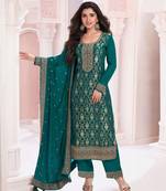 Dark green dola silk thread sequin embroidered semi-stitched salwar suit