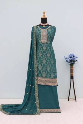 Dark green dola silk thread sequin embroidered semi-stitched salwar suit 2
