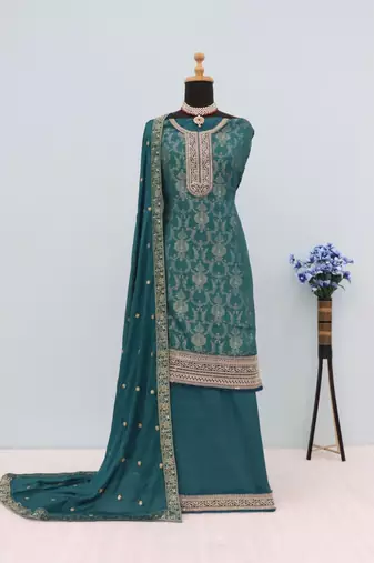 Dark green dola silk thread sequin embroidered semi-stitched salwar suit
