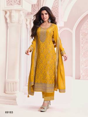 Yellow dola silk thread sequin embroidered - salwar suit 1