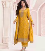 Yellow dola silk thread sequin embroidered semi-stitched salwar suit