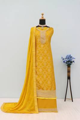 Yellow dola silk thread sequin embroidered - salwar suit 2