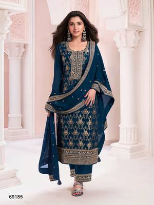 Navy blue dola silk thread sequin embroidered semi-stitched salwar suit 1