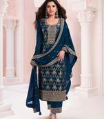 Navy blue dola silk thread sequin embroidered semi-stitched salwar suit