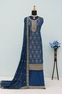 Navy blue dola silk thread sequin embroidered semi-stitched salwar suit 2