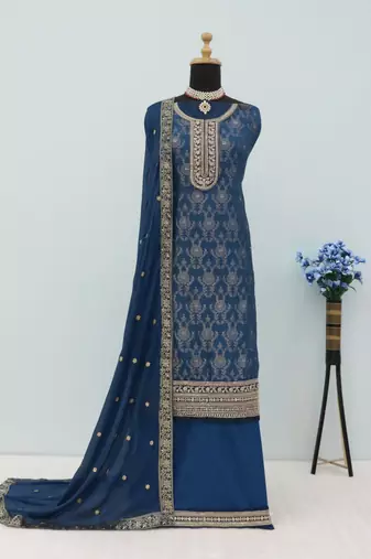 Navy blue dola silk thread sequin embroidered semi-stitched salwar suit