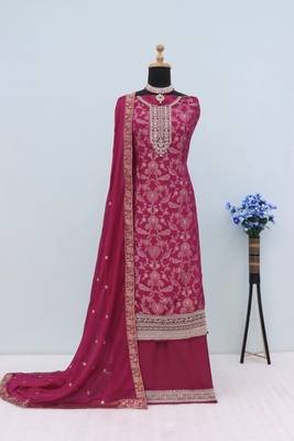 Purple dola silk thread sequin embroidered semi-stitched salwar suit 2