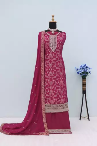 Purple dola silk thread sequin embroidered semi-stitched salwar suit
