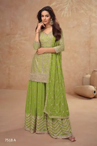 Green chinon sequin embroidered readymade salwar suit (free size)