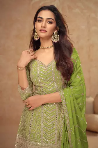 Green chinon sequin embroidered readymade salwar suit (free size)
