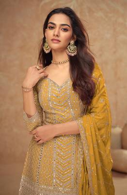 Yellow chinon sequin embroidered salwar suit  2