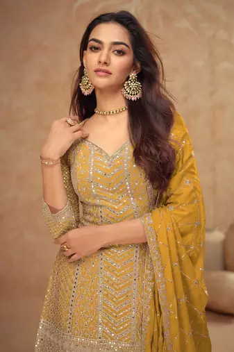 Yellow chinon sequin embroidered salwar suit 