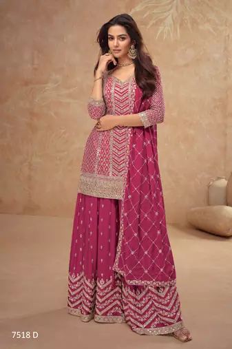 Pink chinon sequin embroidered readymade salwar suit (free size)