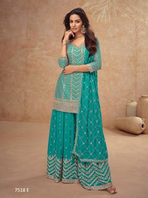 Sky blue chinon sequin embroidered readymade salwar suit (free size) 1