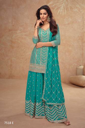 Sky blue chinon sequin embroidered readymade salwar suit (free size)