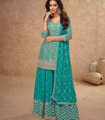 Sky blue chinon sequin embroidered readymade salwar suit (free size)
