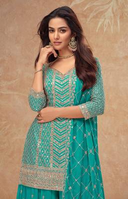 Sky blue chinon sequin embroidered readymade salwar suit (free size) 2