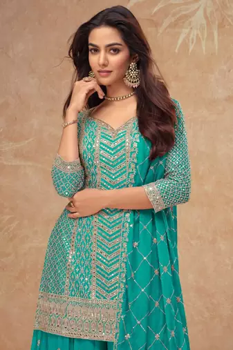 Sky blue chinon sequin embroidered readymade salwar suit (free size)