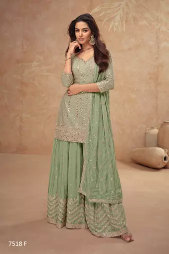 Light green chinon sequin embroidered readymade salwar suit (free size)
