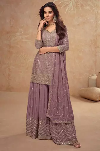 Light pink chinon sequin embroidered readymade salwar suit (free size)