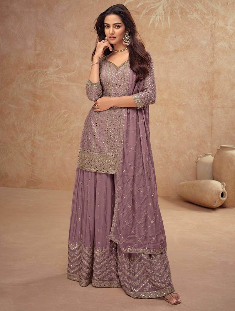 Light pink chinon sequin embroidered readymade salwar suit (free size)