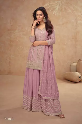Light pink chinon sequin embroidered readymade salwar suit (free size)